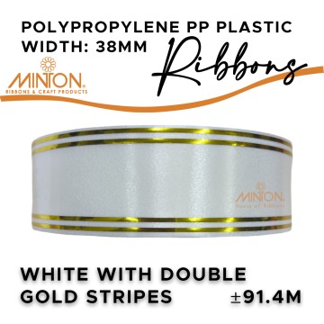 38mmx100yds Polypropylene Plastic White with Double Gold Stripes