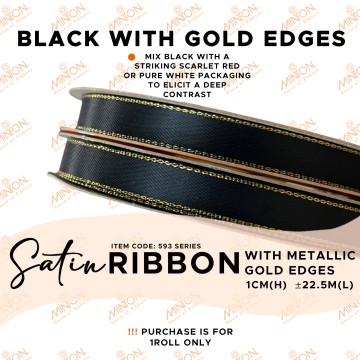 10mmx25yds Gold Edged Satin Black