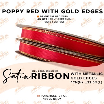 10mmx25yds Gold Edged Satin Poppy Red