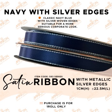 10mmx25yds Silver Edged Satin Navy