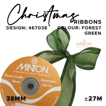 38mmx30yds Organza with Satin Edges & Gold Lines Forest Green