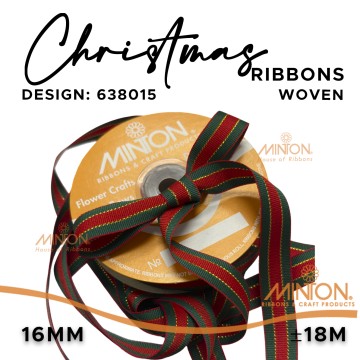 15mmx20yds Woven Christmas Ribbon - Green/Red/Green with Gold Lines