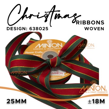 25mmx20yds Woven Christmas Ribbon - Green/Red/Green with Gold Lines