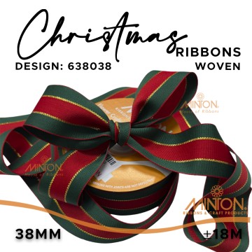 38mmx20yds Woven Christmas Ribbon - Green/Red/Green with Gold Lines