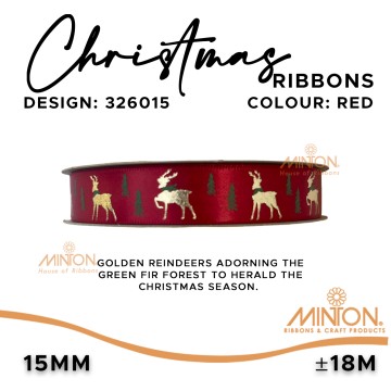 15mmx20yds Glitzy Reindeer Christmas Ribbon - Red