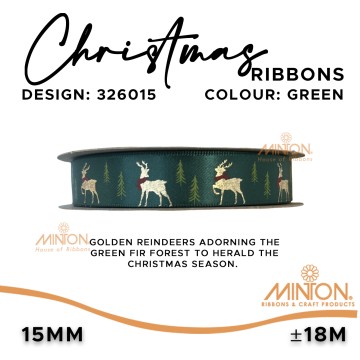 15mmx20yds Glitzy Reindeer Christmas Ribbon - Green