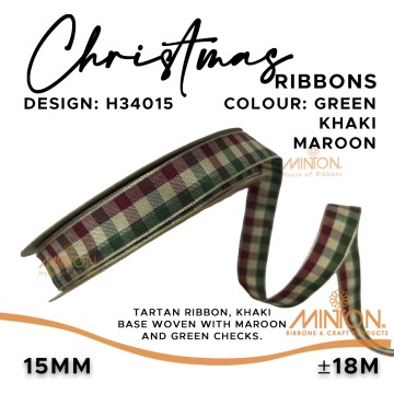 15mmx20yds Tartan Ribbon Green/Ivory/Red