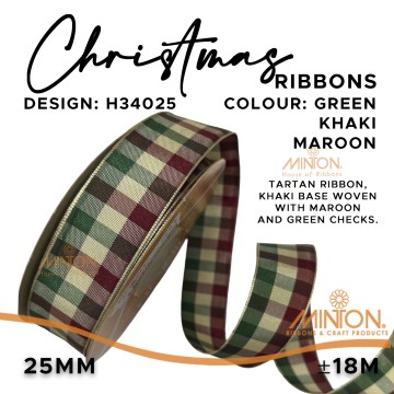 25mmx20yds Tartan Ribbon Green/Ivory/Red