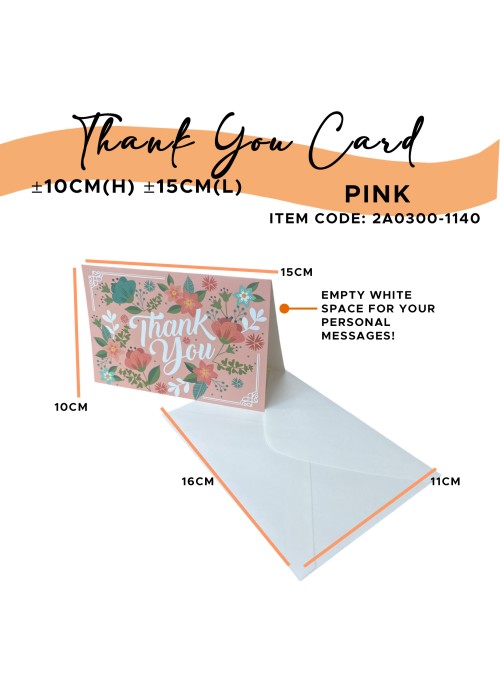 Thank You Card with Envelope 10cm(H) 15cm(L) Pink