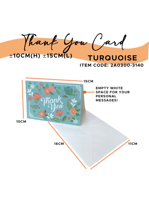 Thank You Card with Envelope 10cm(H) 15cm(L) Aqua Turquoise