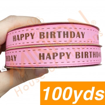 13mmx100yds Stitched Birthday Pink Ribbon Brown Text