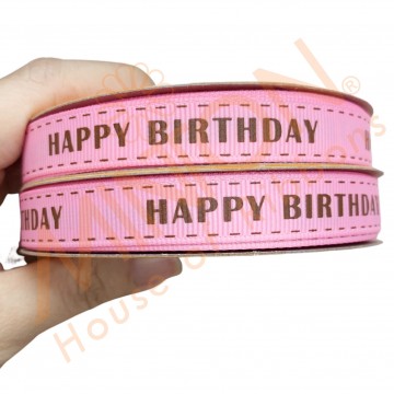 13mmx20yds Stitched Birthday Pink Ribbon Brown Text