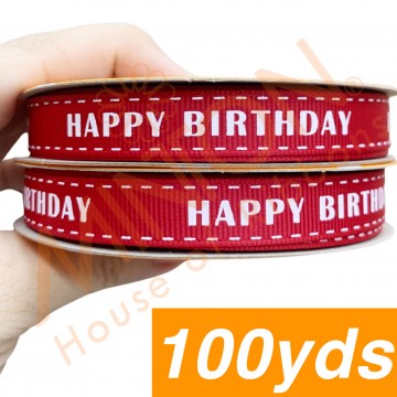 13mmx100yds Stitched Birthday Red Ribbon White Text