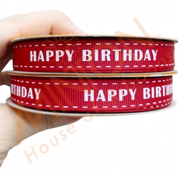 13mmx20yds Stitched Birthday Red Ribbon White Text