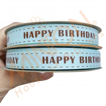 13mmx20yds Stitched Birthday Aqua Ribbon Brown Text