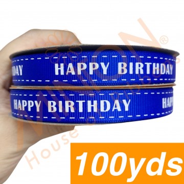 13mmx100yds Stitched Birthday Electric Blue Ribbon White Text