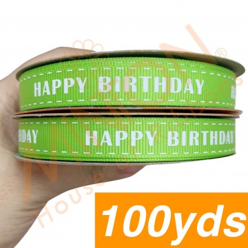 13mmx100yds Stitched Birthday Apple Green Ribbon White Text