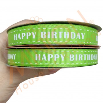 13mmx20yds Stitched Birthday Apple Green Ribbon White Text