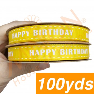 13mmx100yds Stitched Birthday Dandelion Yellow Ribbon White Text