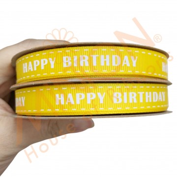 13mmx20yds Stitched Birthday Dandelion Yellow Ribbon White Text