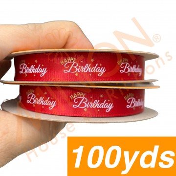 12mmx100yds Twinkling Happy Birthday Red Ribbon