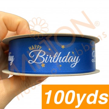 25mmx100yds Twinkling Happy Birthday Blue Ribbon