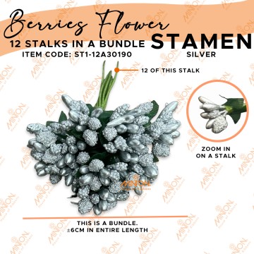 Stamen Pistils Berries 12 Stalks in a Bundle Metallic Silver