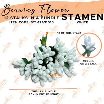 Stamen Pistils Berries 12 Stalks in a Bundle White