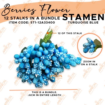 Stamen Pistils Berries 12 Stalks in a Bundle Turquoise Blue