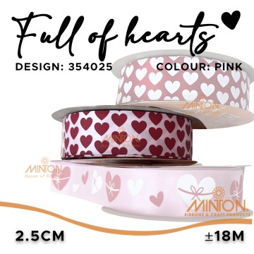 25mmx20yds Satin Full of Hearts Pink