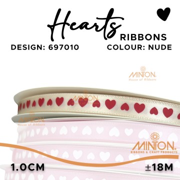 10mmx20yds Satin with Heart Prints - Nude/Red